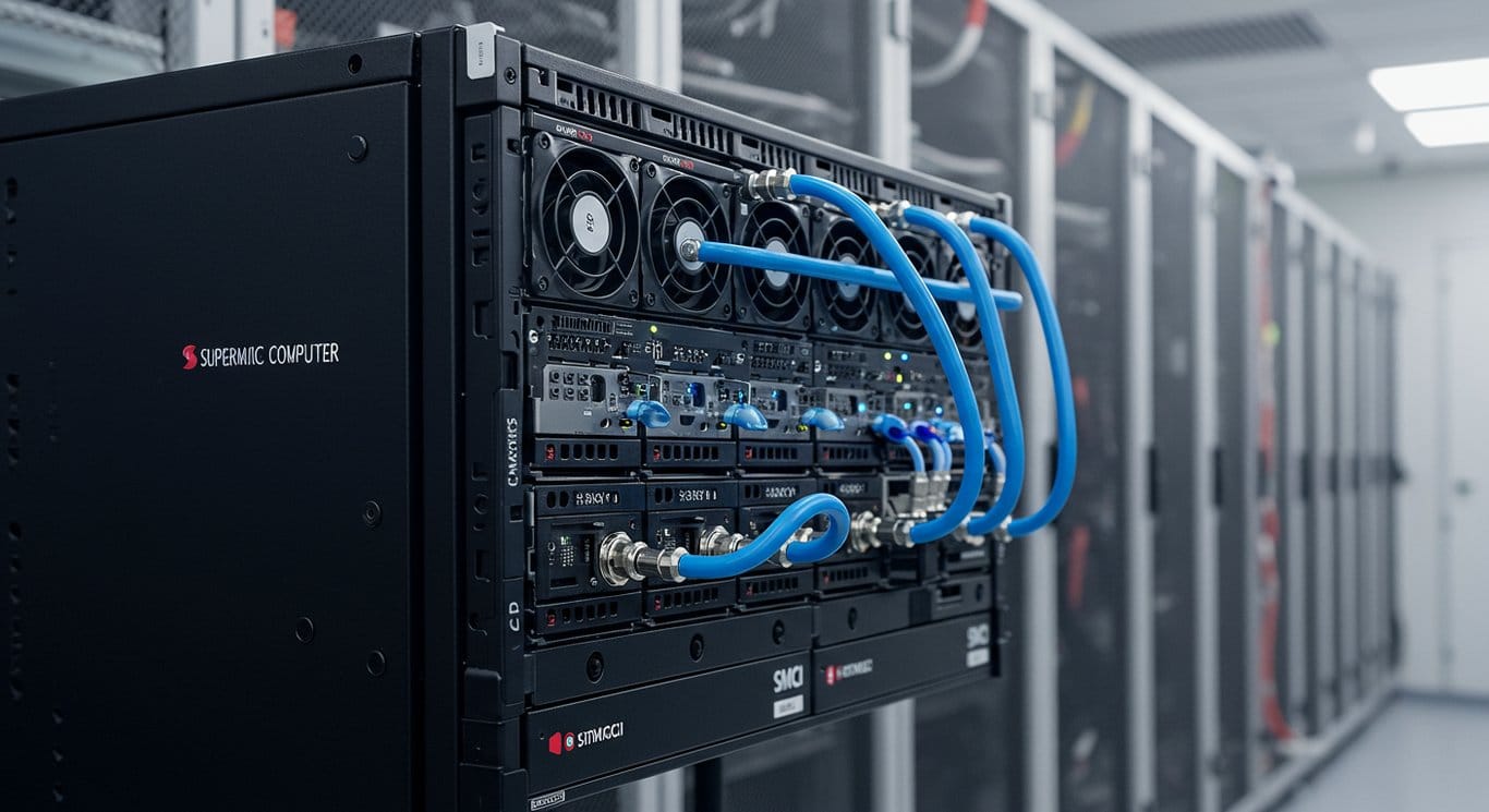 Super Micro Computer server rack with liquid cooling in a data center.