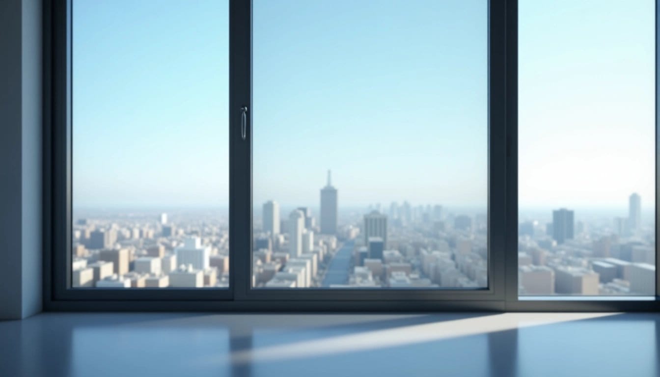 Smart window with dynamic tint in a modern office setting.