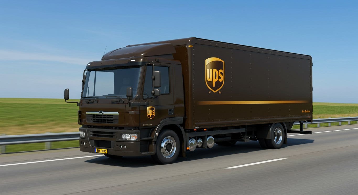 UPS delivery truck on a highway, blue sky background.