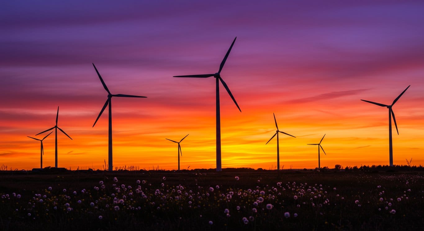 Wind turbines at sunset over a field of wildflowers.