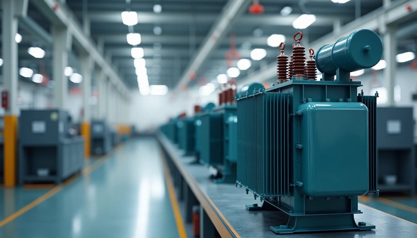 Electrical transformers in a modern, innovative factory.