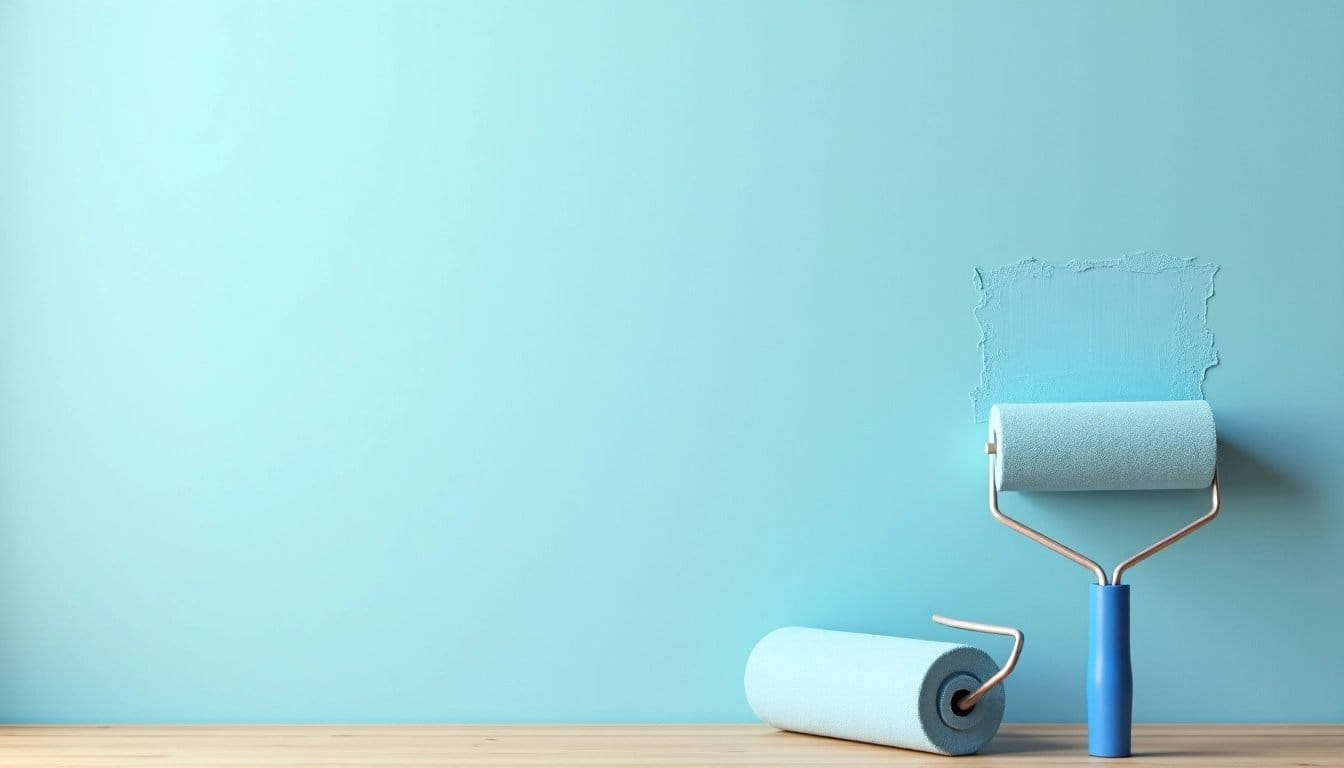 Close-up of a light blue painted wall with a paint roller, representing the painting and coatings industry.