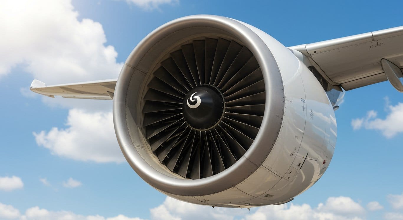 Close-up of an airplane turbine engine against a bright blue sky.