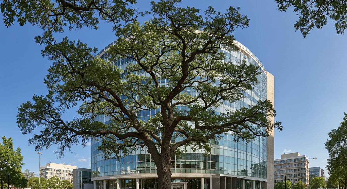 Skyscraper reflecting the sky, juxtaposed with a large oak tree.