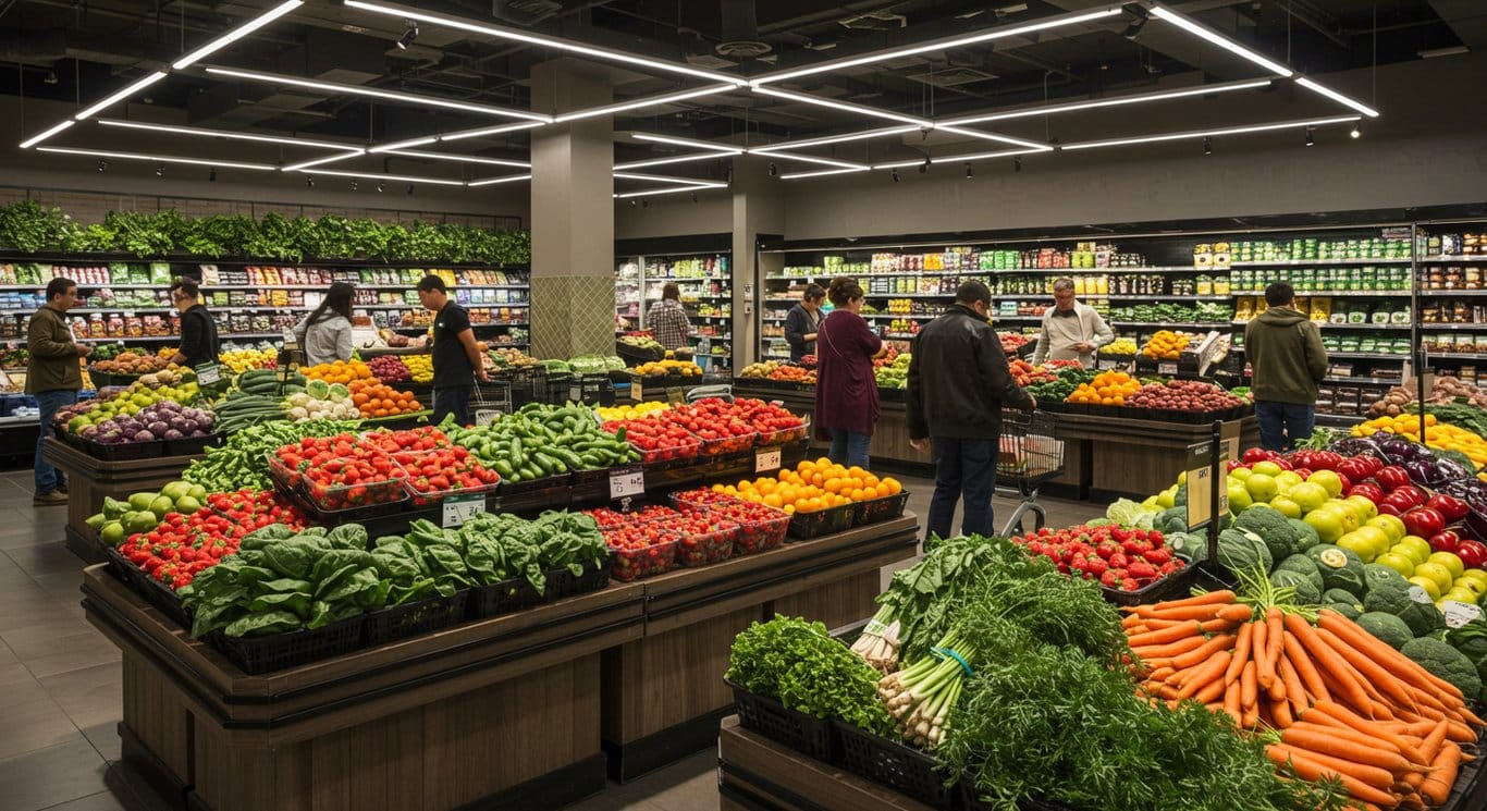 Interior of a modern grocery store with shoppers and colorful produce.