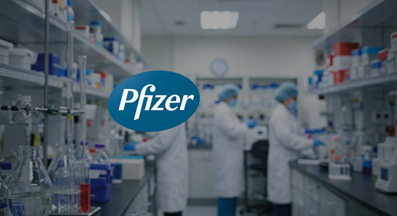 Pfizer logo in a pharmaceutical research lab.