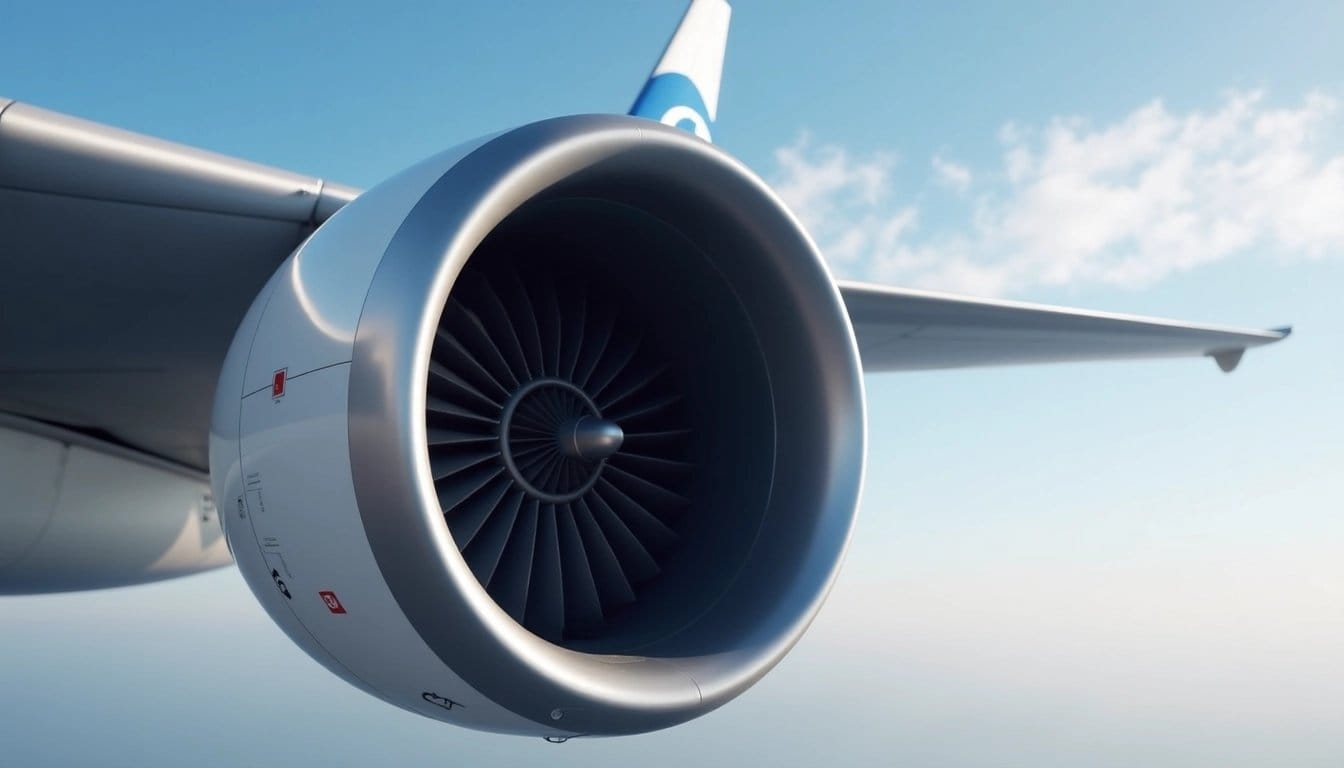 Close-up of a GE jet engine against a blurred sky.