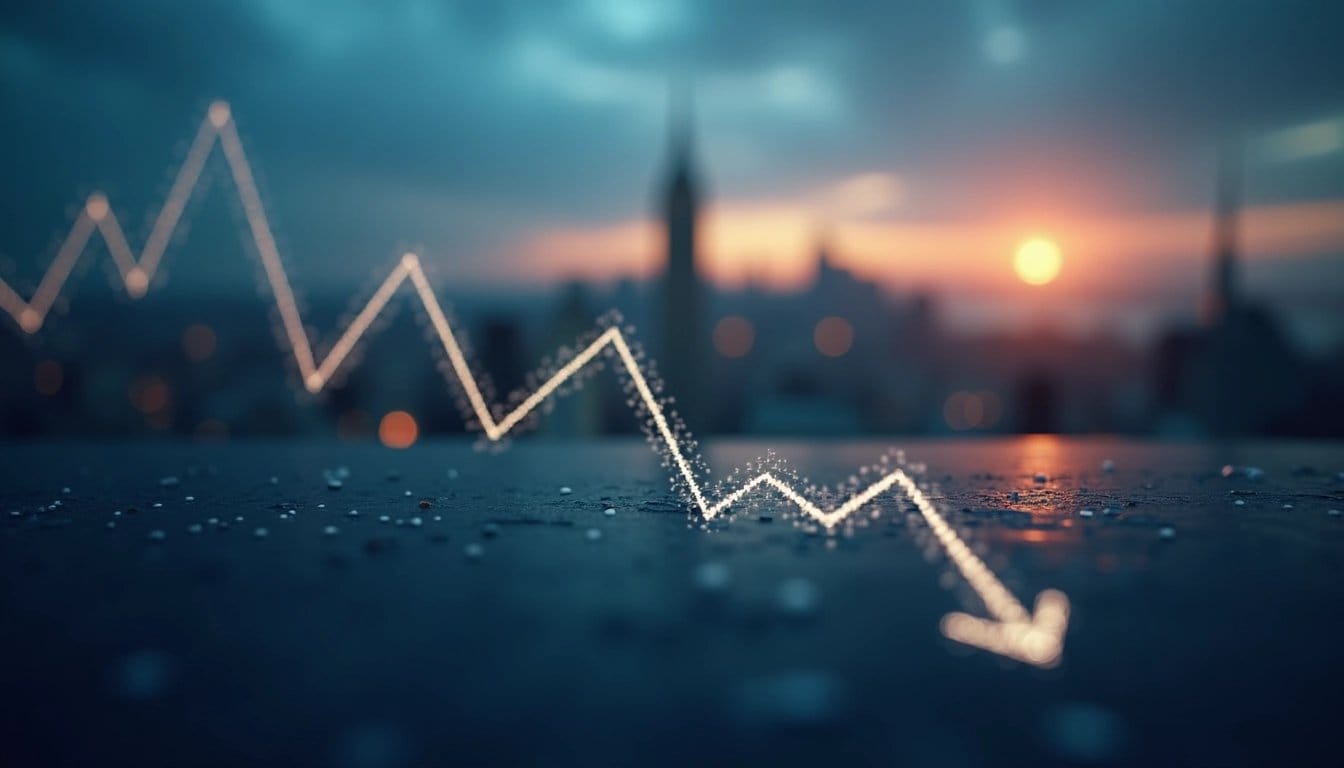 Stylized financial chart showing a downward trend, subtly featuring the JPM ticker, set against a blurred cityscape at twilight.