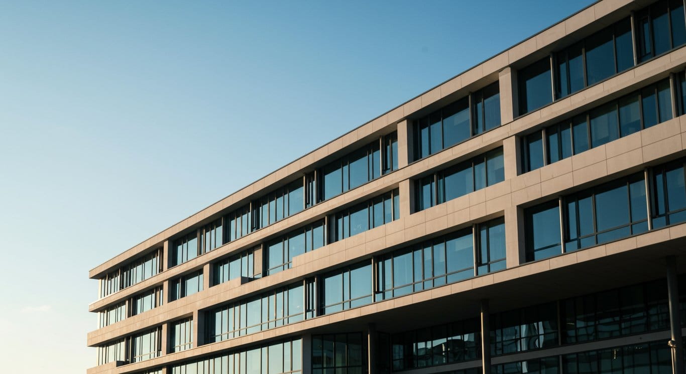 Modern office building with a clear blue sky, representing investment and financial strategy.