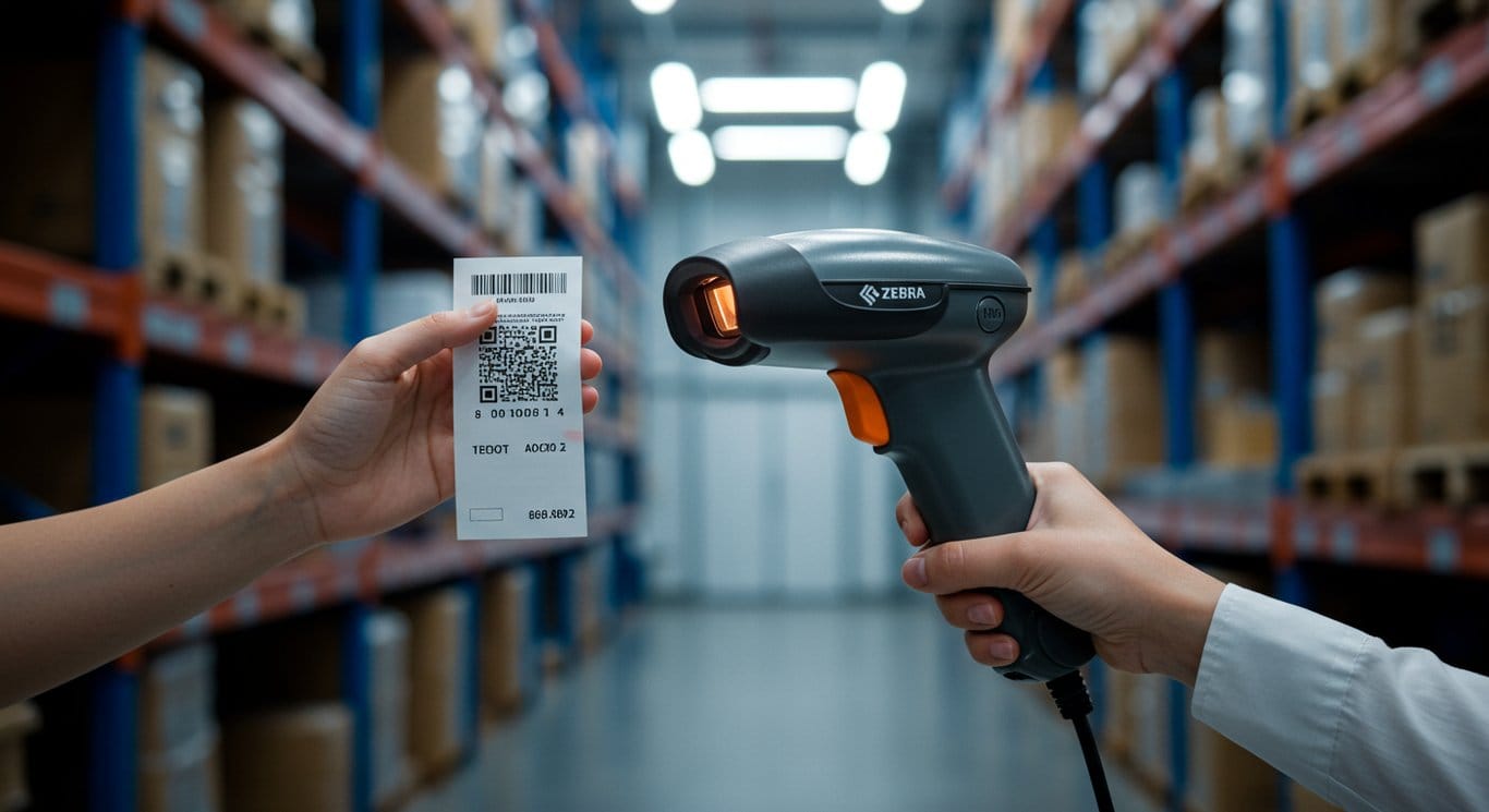 A Zebra barcode scanner scanning a product in a warehouse.