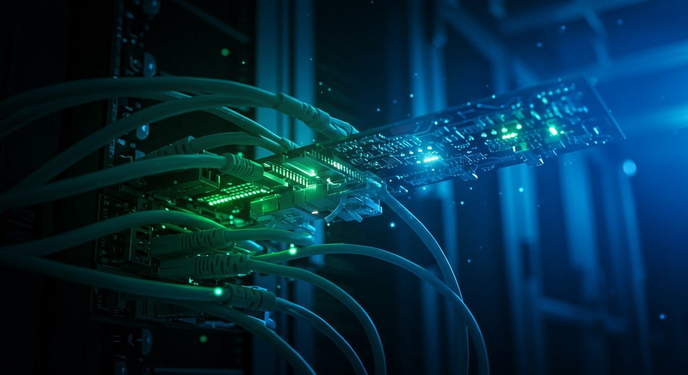 Abstract representation of Juniper Network's AI-Native networking solutions, featuring glowing cables and circuit boards in a server room setting.