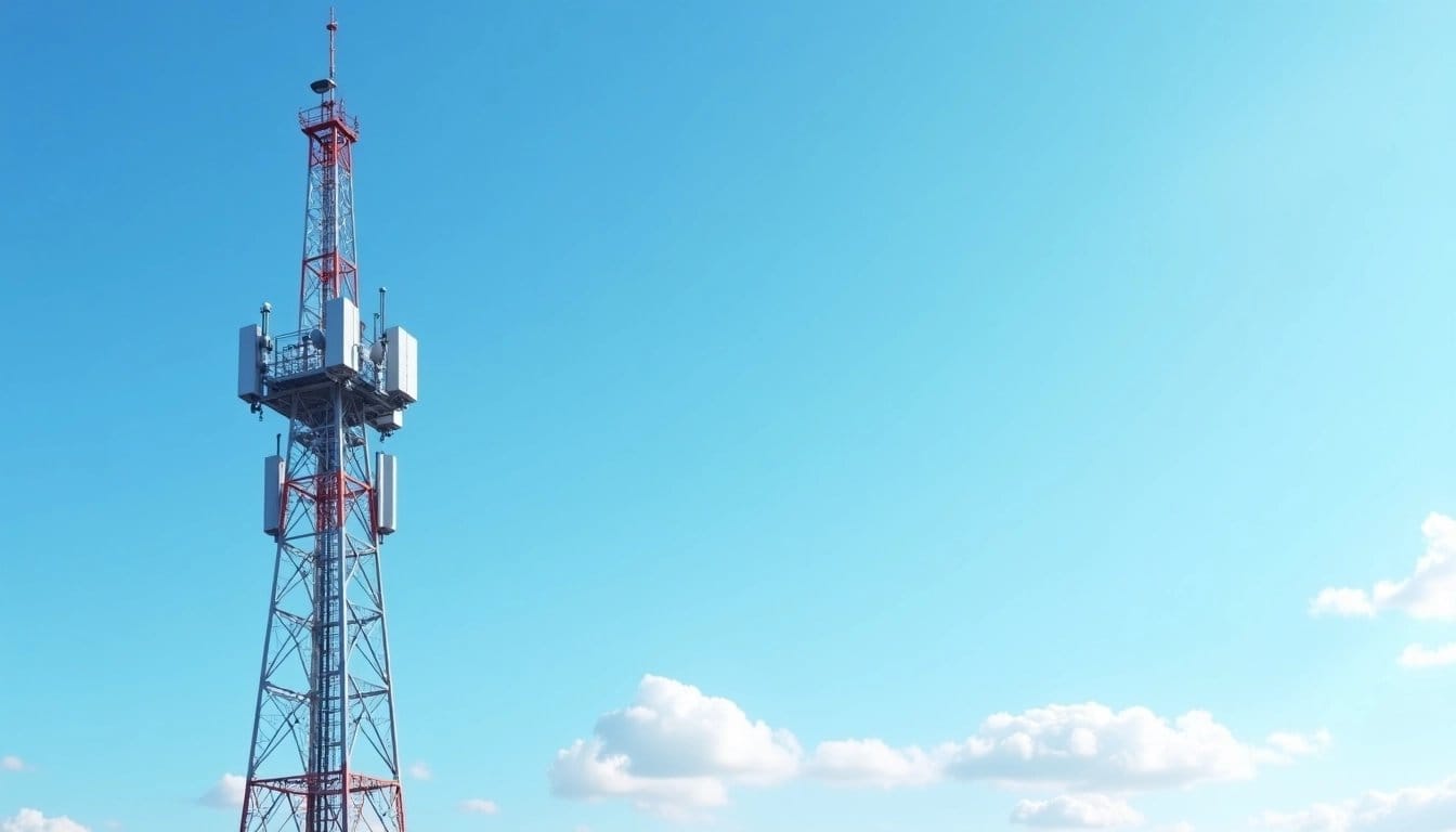 Cell tower against a blue sky.