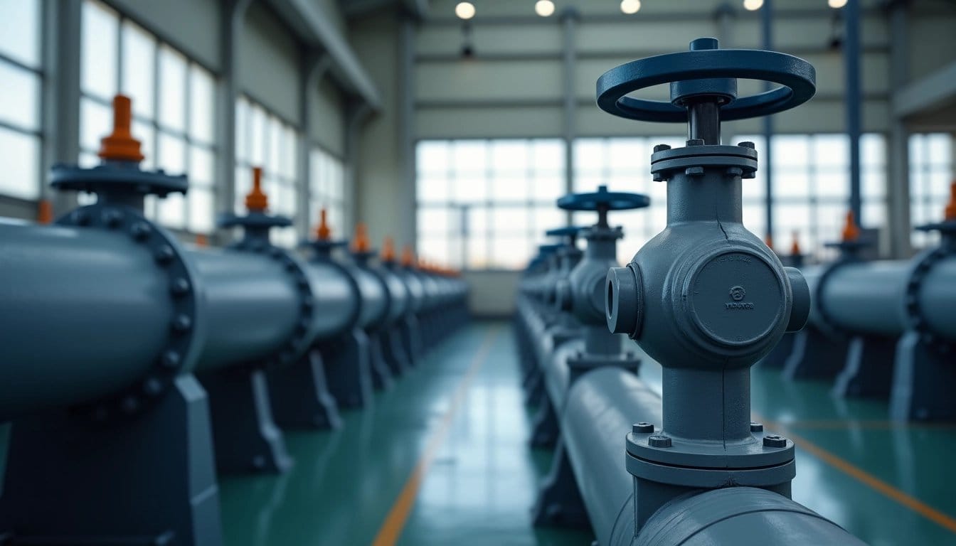 Close-up of industrial valves and pipeline equipment in a factory, representing Flowserve's products.