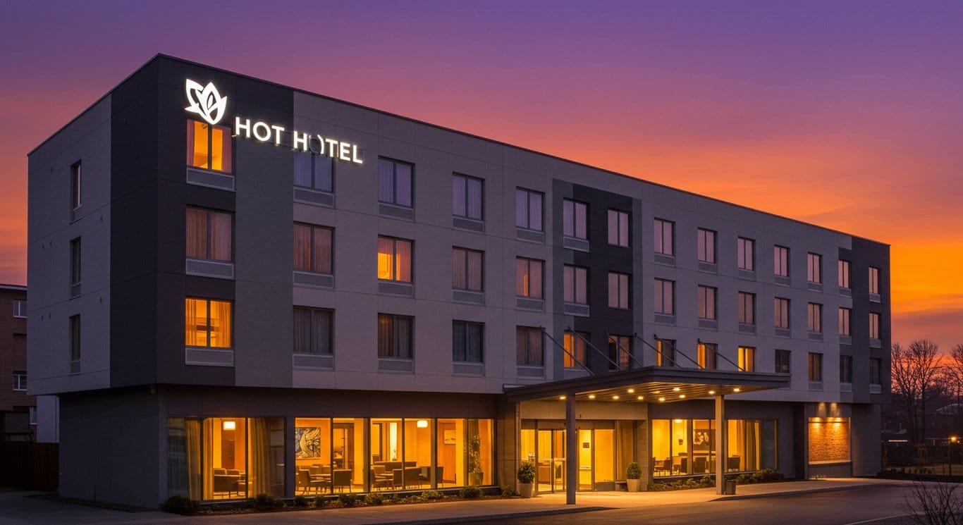 Exterior view of a modern hotel at dusk, conveying stability and luxury.