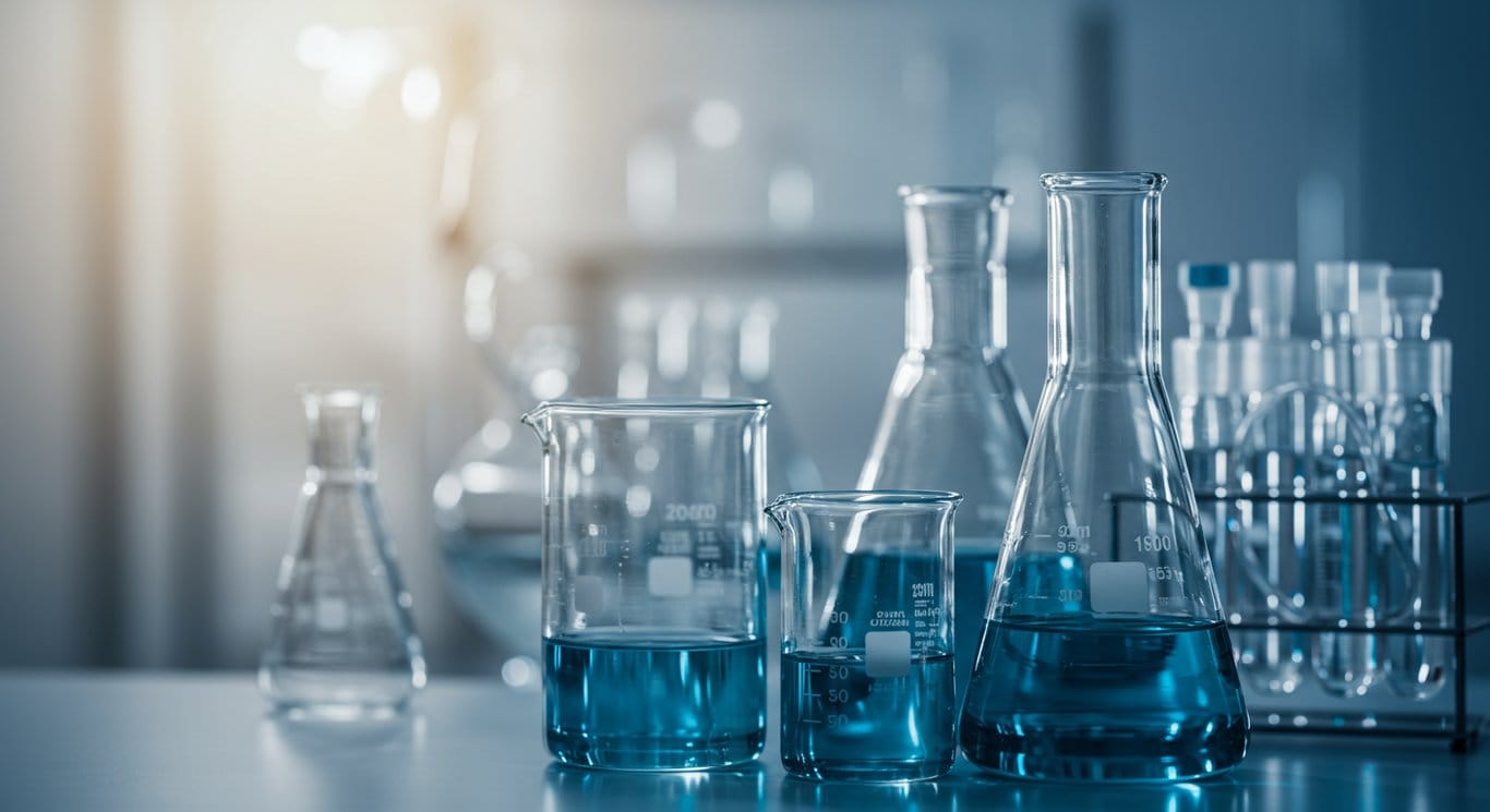 Laboratory glassware with colorful liquids, representing scientific research.