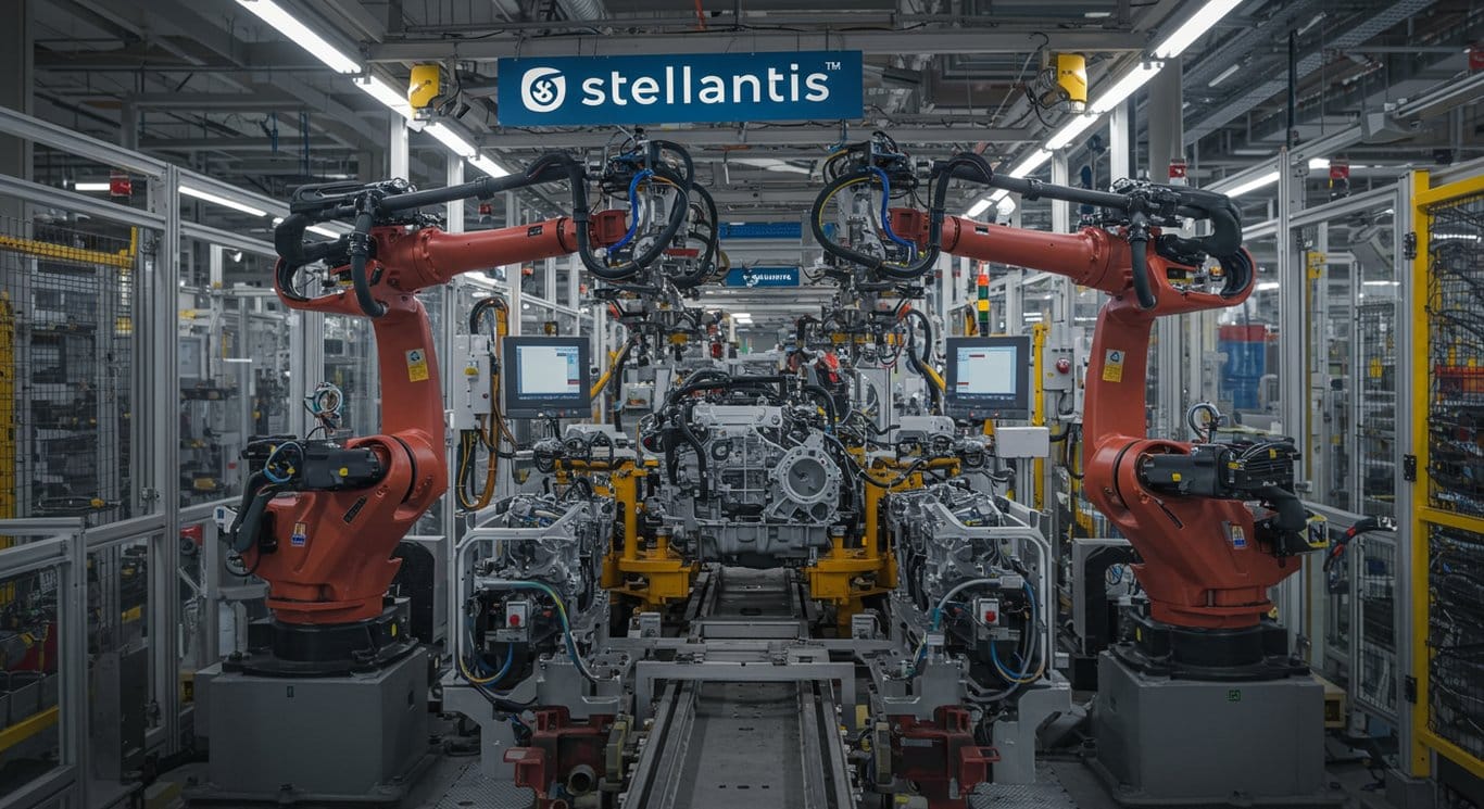 Stellantis factory assembly line with robotic arms building hybrid car engines.