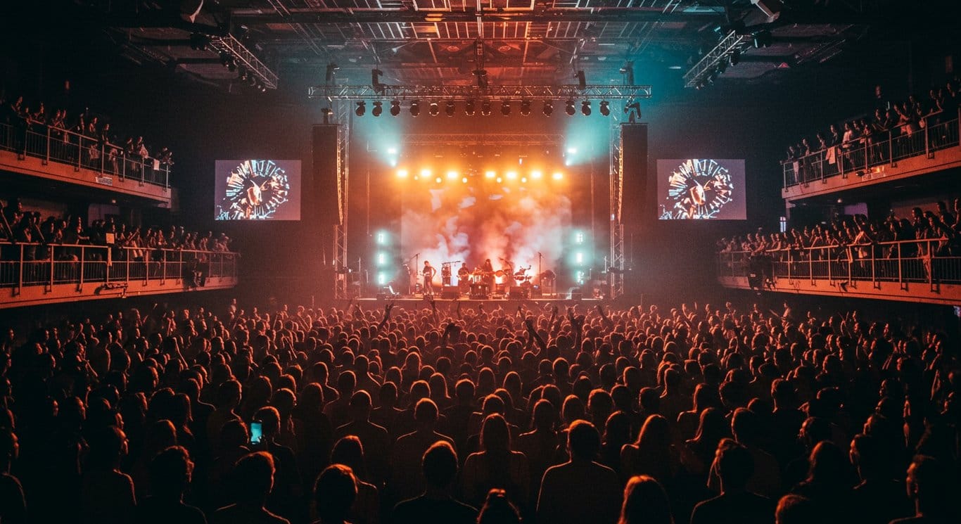 A vibrant concert scene with a packed crowd and a brightly lit stage.