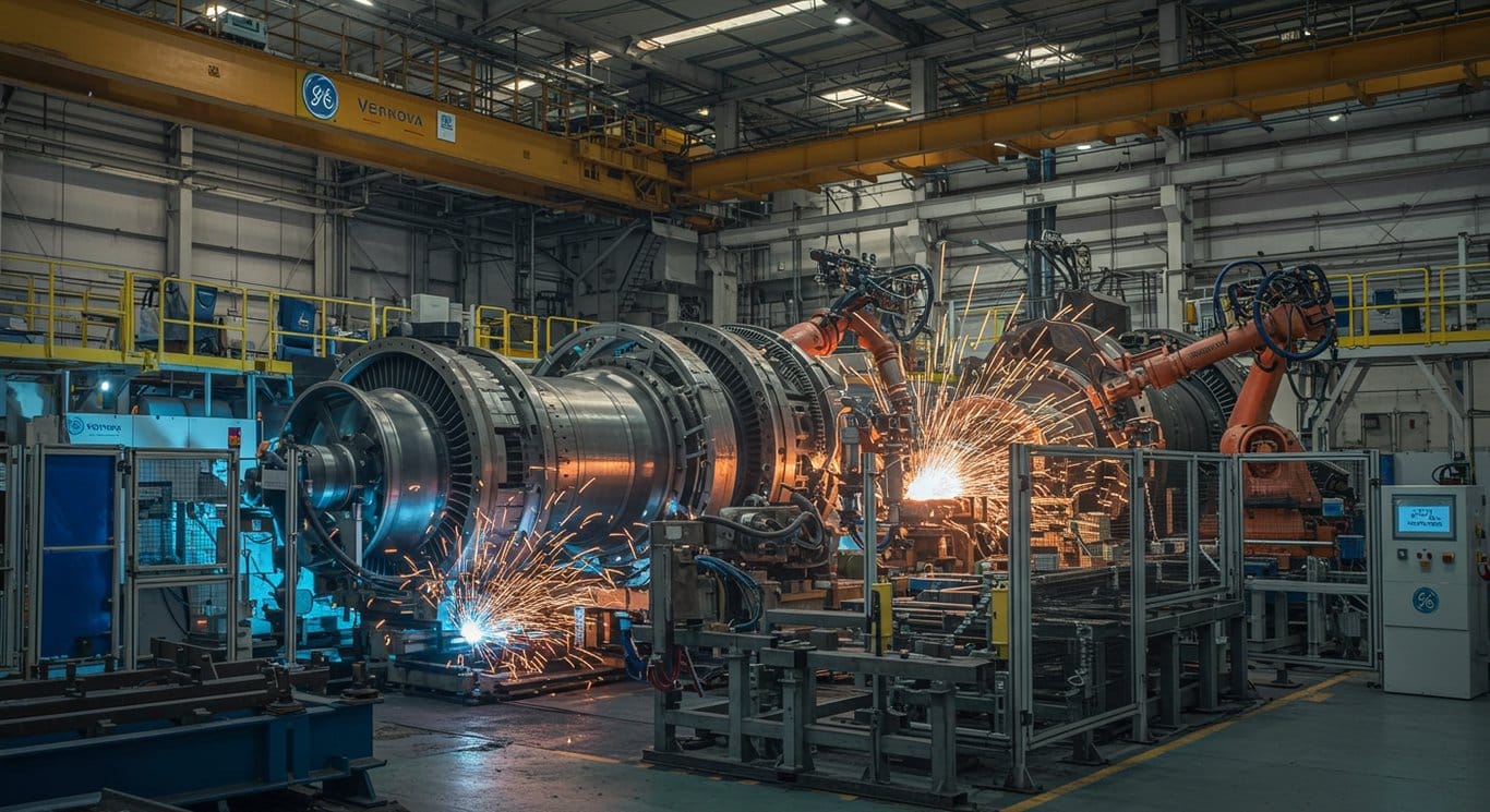 Inside a GE Vernova factory, showcasing the advanced manufacturing of gas turbines with robotic arms and bright lighting.