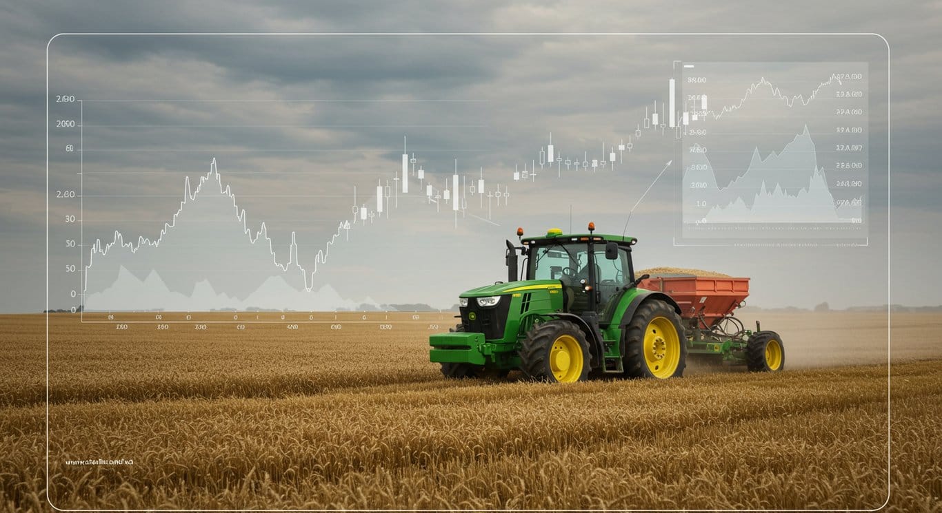 John Deere tractor in wheat field, symbolizing agriculture and economic challenges.