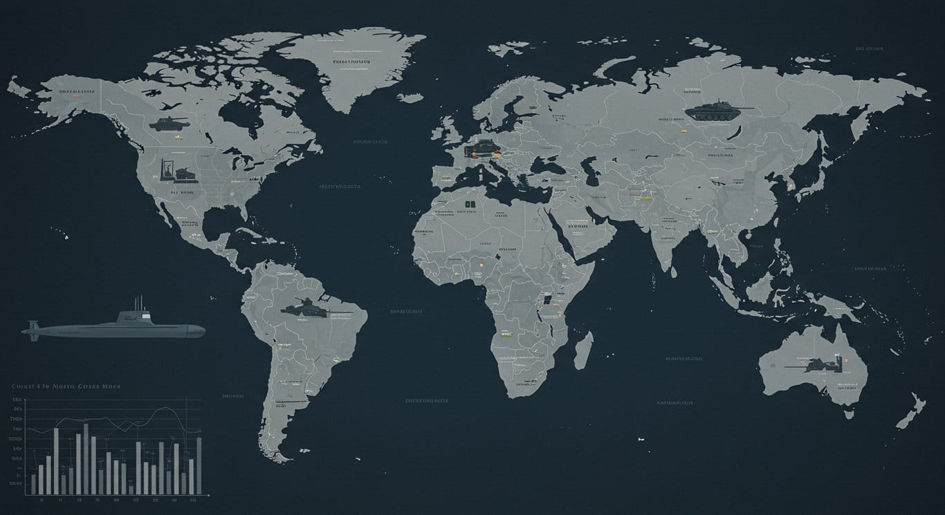 World map with military schematics, representing global defense strategy.