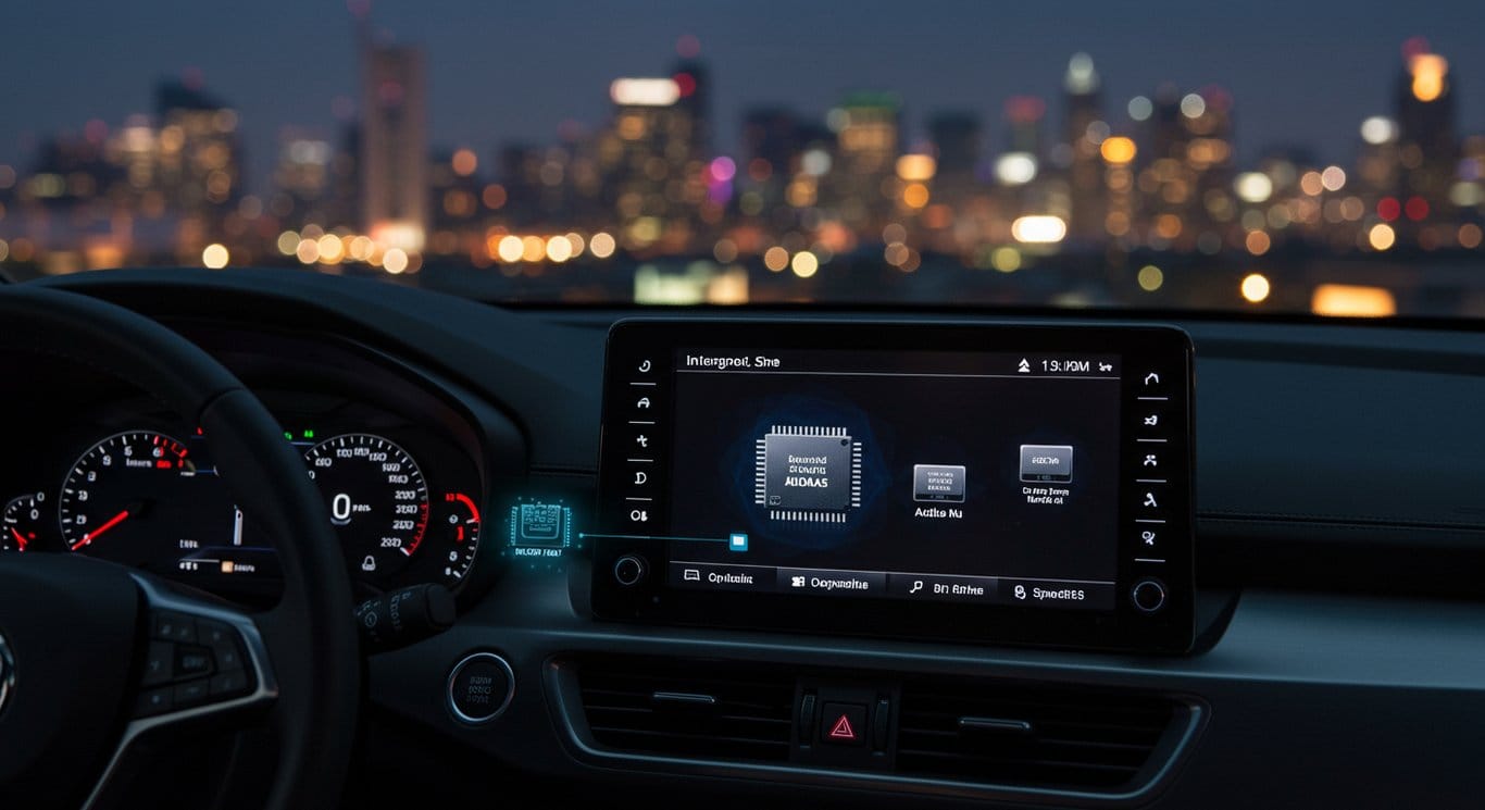 Modern car dashboard showcasing ADAS technology with cityscape background, highlighting semiconductors.