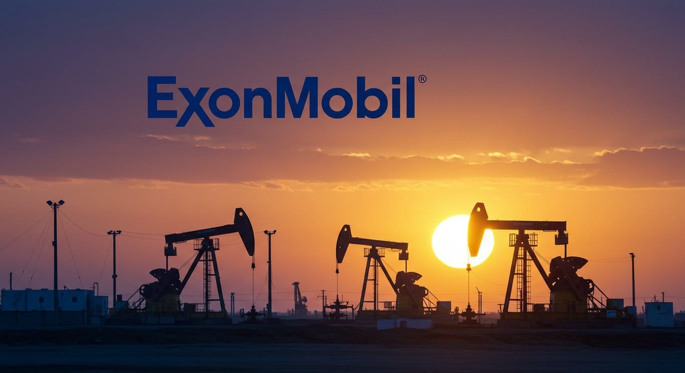 ExxonMobil logo displayed against an oil field sunrise.