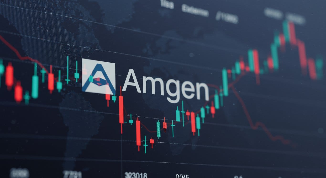 Amgen (AMGN) logo over a blurred stock market graph.